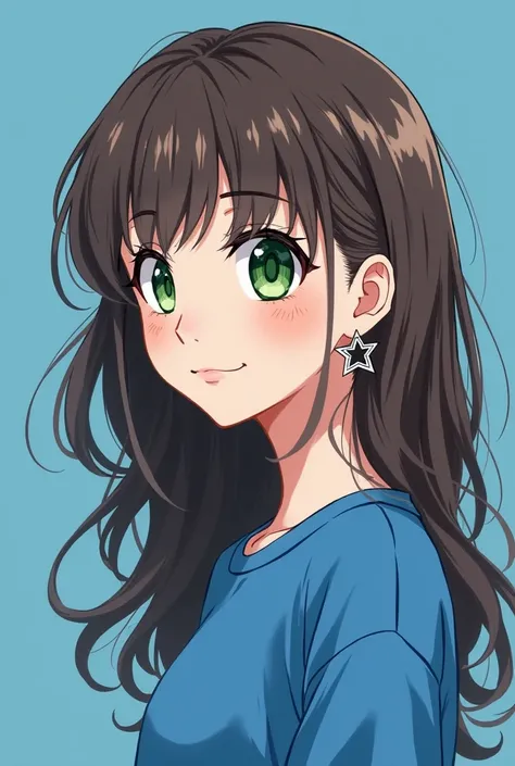  Give me an anime-style girl from blue look with brown hair, wavy and long,  green eyes , a dominant look,  long eyelashes, star shaped earrings, pale skin and wearing a blue sweatshirt 