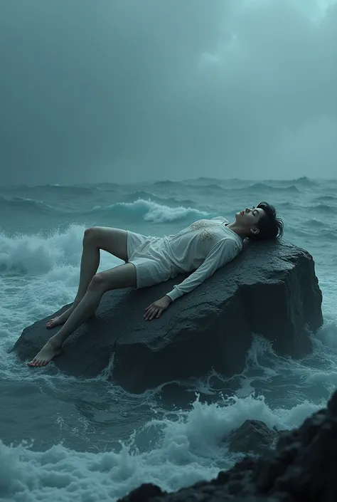 Sunghoon from Enhypen dying on top of a rock in the middle of the sea