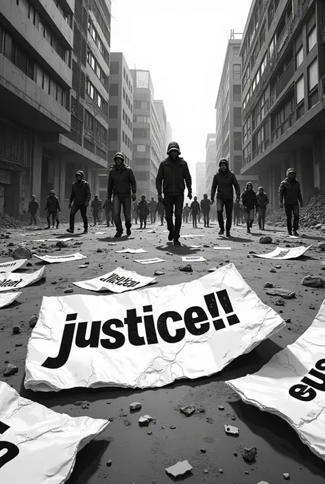 Broken documents on the floor with the name in Spanish "Justice!!" in the midst of an apocalypse with people running, the sheets are left behind ,  in black and white 
