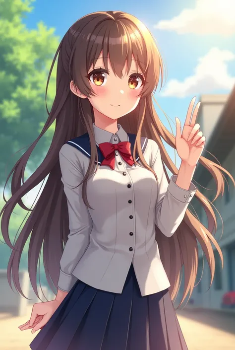 A high-quality anime-style illustration of a cute age girl waving her hand and smiling warmly. She has long, silky hair flowing gently in the breeze, big sparkling eyes, and a cheerful expression. The character is wearing a stylish school uniform with fine...