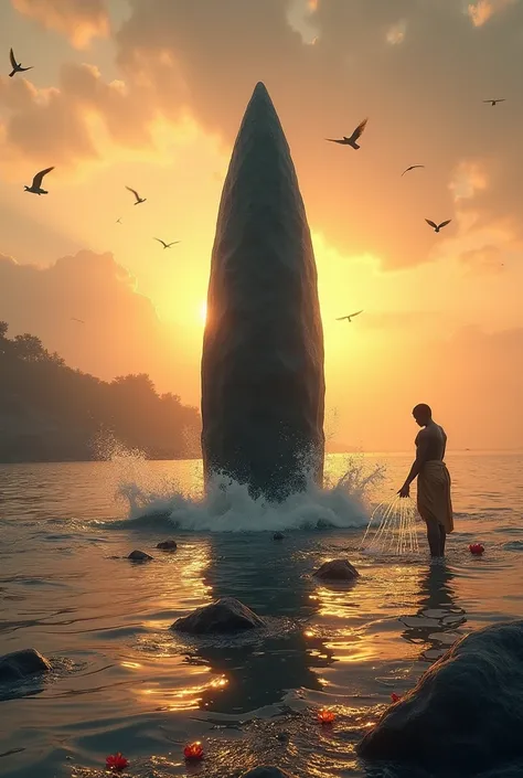 (photorealism:1.2), "A breathtaking spiritual scene of a massive black Shiva Lingam emerging from the sacred river, surrounded by flowing water. A devoted man, dressed in a traditional dhoti, performs Abhishek by pouring sacred water over the Shiva Lingam....