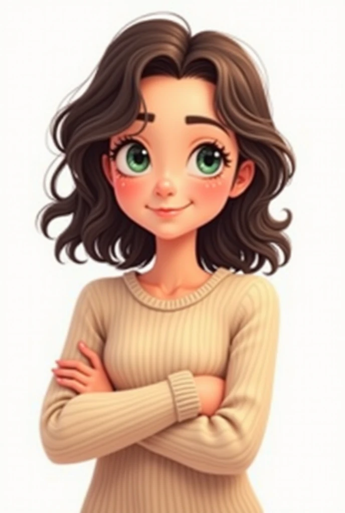 A young woman in her early 20s with wavy, shoulder-length dark brown hair, wearing a cozy sweater, standing with her arms gently crossed over her chest. She has a serene, encouraging expression on her face, with a soft smile and bright green eyes that show...