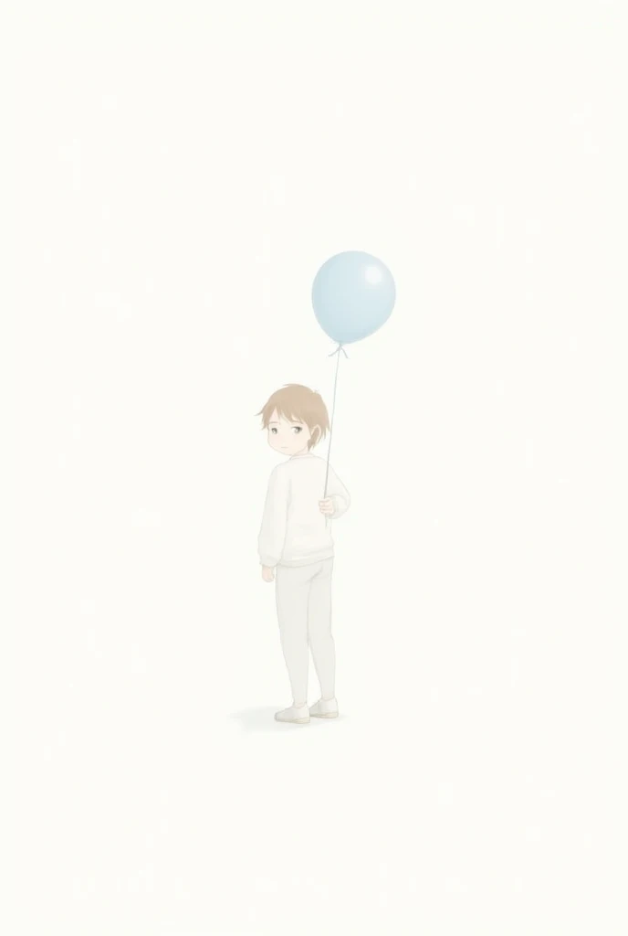 Create illustration digital art drawing of a boy's light brown hair ,  light brown eyes,  straight hair white clothes standing on white background holding light blue balloon 