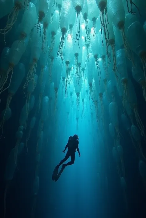 A mile-long colony of translucent squid intertwined like Gothic arches, their bioluminescent organs casting stained-glass light across a sunken cathedral. Human divers, shrunk to the size of shrimp, float between them, harvesting ink that contains forgotte...