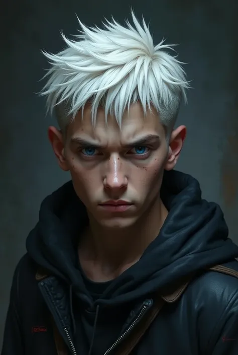 white-haired, blue-eyed, short-haired male, sixteen years old, white-skinned,   tough-looking , in black environment