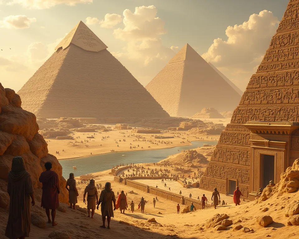 The great pyramids and Egyptian hieroglyphs symbolize the achievements of Egypt via her natural resources.