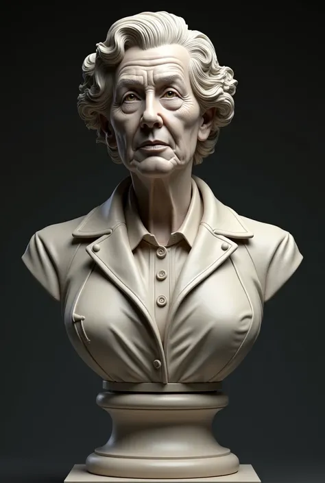 generates a realistic image of a sculptural bust of a burly woman in her 50s dressed formally for an educational environment with a classic jacket