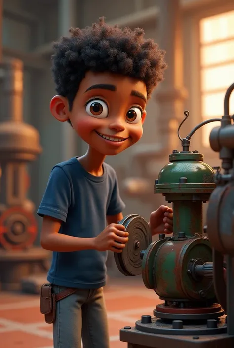 Create Disney Pixar-style images of a mulatto egg ,biped,Humanoide, working as a hydraulic pump mechanic. He's wearing a navy blue t-shirt and gray pants 