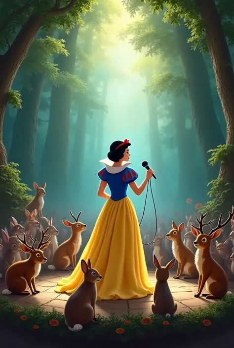 Snow White is holding a microphone 
In the background there is a crowd of animals