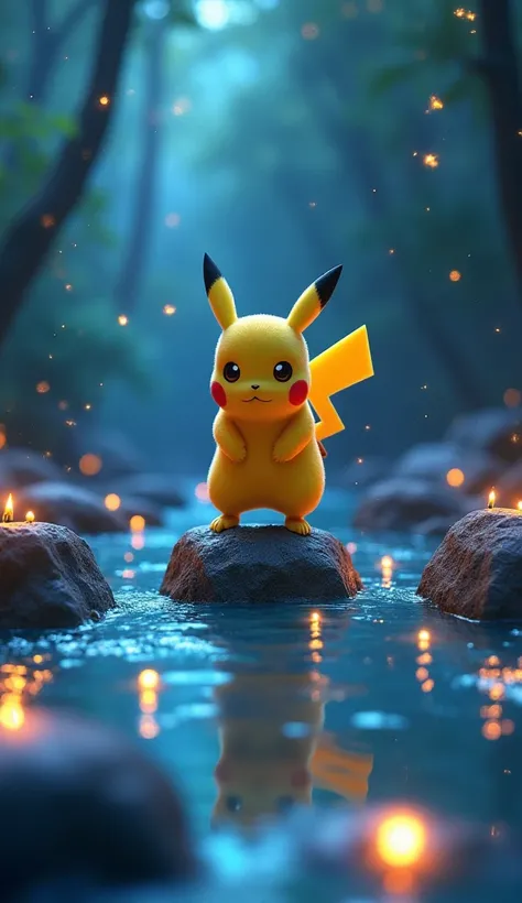 A Pixar-style 3D scene of Pikachu balancing on a magical, glowing rock in the middle of a sparkling river. Fireflies and floating orbs of light illuminate the water, creating a vibrant and whimsical atmosphere. Pikachu looks focused as he jumps to the next...