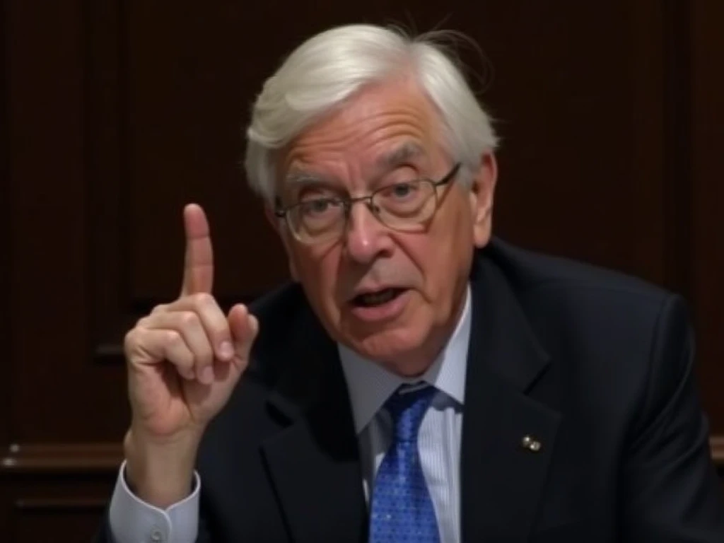 This image features an elderly man with white hair, wearing a dark-colored suit and a blue tie. He is raising one finger as if emphasizing an important point. The background is dark with a wood texture, creating a formal and professional atmosphere.