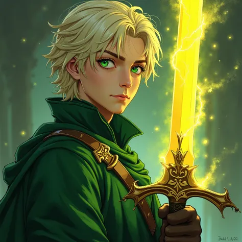 vergil (Devil Man Cry) WITH BLOND HAIR AND BIG TEENAGE APPEARANCE,  freckles on the cheek,  EMERALD-GREEN EYES , ELEGANT GREEN GARMENTS  (medieval) Use a yellow-lightning sword that has the power of light ,magic, aura of light, With the golden and large ha...