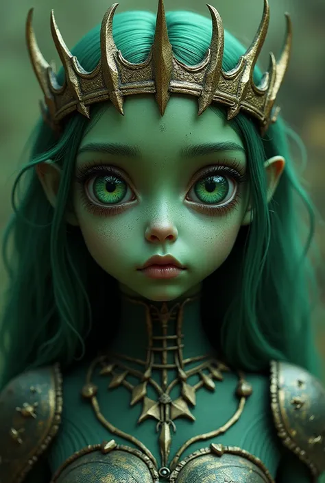 Beautiful girl with green skin, large faceted eyes, a crown with thirteen sharp teeth grows on the head along the contour of the head. The girl has a beautiful figure, long green hair, part of the chitinous armor on the body