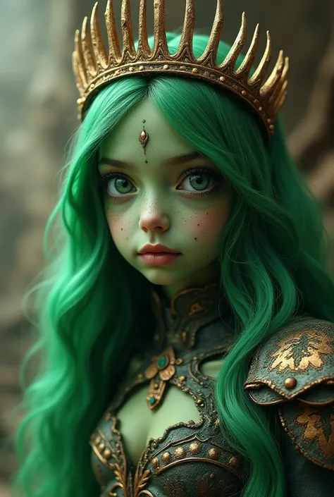 Beautiful girl with green skin, large faceted eyes, a crown with thirteen sharp teeth grows on the head along the contour of the head. The girl has a beautiful figure, long green hair, part of the chitinous armor on the body