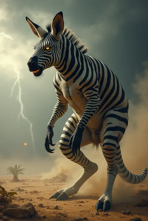 "Create a hybrid creature seamlessly combining the features of a zebra and a kangaroo. The entity has the upright posture and powerful hind legs of a kangaroo, fused with the striped pattern and muscular build of a zebra. Its head is a fierce blend of both...