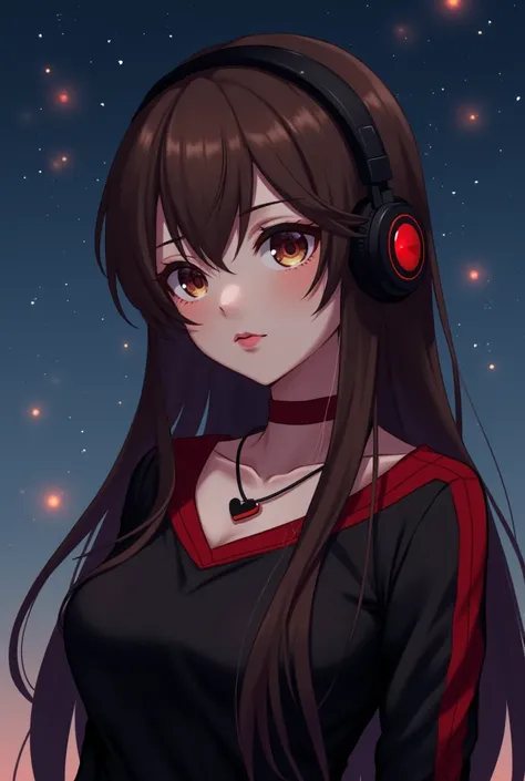 Chica blanca,  with long straight brown hair , black and red sweater ,  a split heart necklace , Red lips, black eyeliner,  with chocolate eye shadow ,  dark chocolate eye color ,and black headphones with red stripes, que sea  anime girl image y fondo de c...