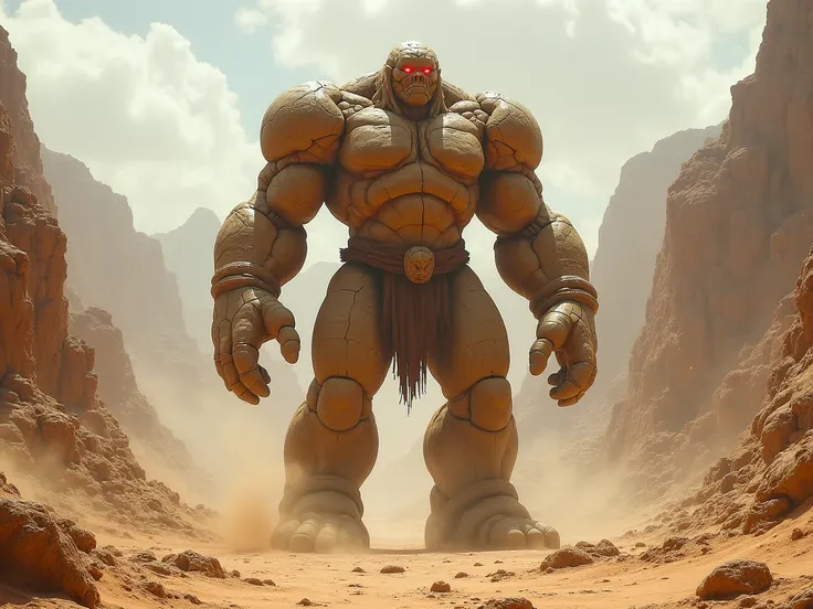  A golem, standing in an arid region, mountainous and desert.