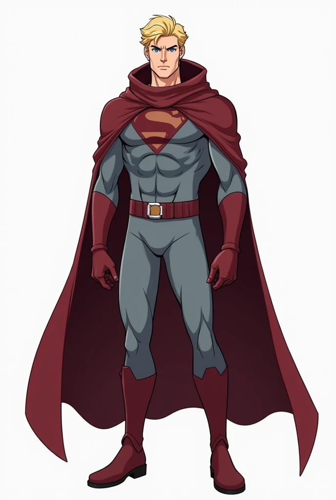  make a full-body anime-style drawing of a mature man, around 35 to 40 years,  superhero who wears a totally gray uniform with no details , ornaments or accessories.  he also wears high boots and long gloves, both in a burgundy red shade and a long cover o...