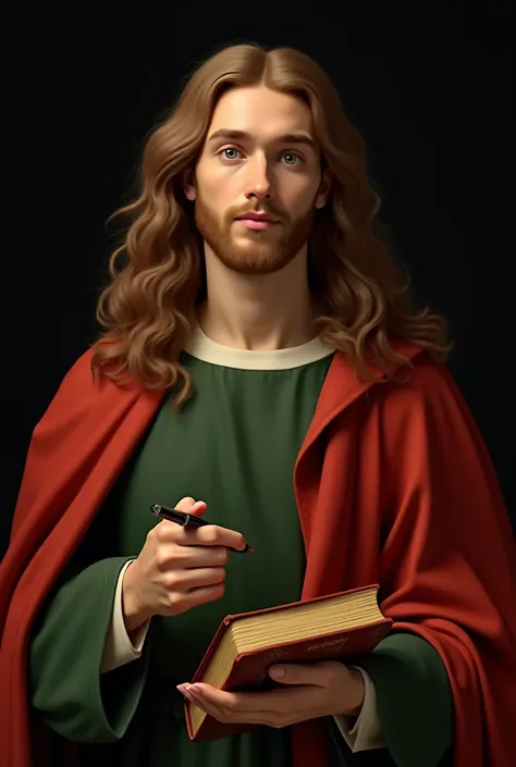  8k Saint John the Evangelist ,  young man with long light brown hair ,  smooth at the root and wavy at the ends .  He wears a green robe and voluminous red cloak.  Holds a pen pen in his right hand .  The other hand holds a book of sacred texts . The face...