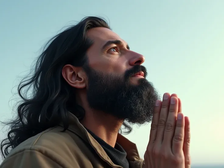  Man with long hair and ultra realistic beard looking at the sky, with attention on his face and hand in prayer .