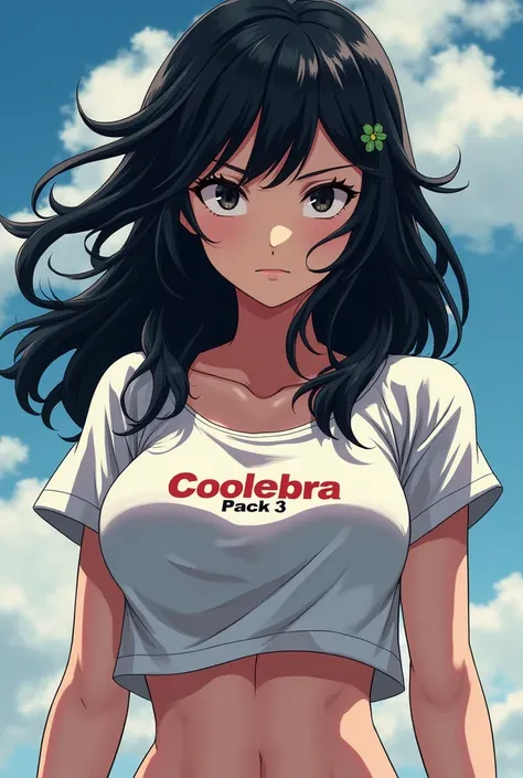  17-year-old anime girl with medium-long wavy black hair, And black eyes, Coolebra pack 3 short sleeve t-shirt bamboo neckline,  has an aggressive personality ,  Athletic physique , Big breasts, has white skin