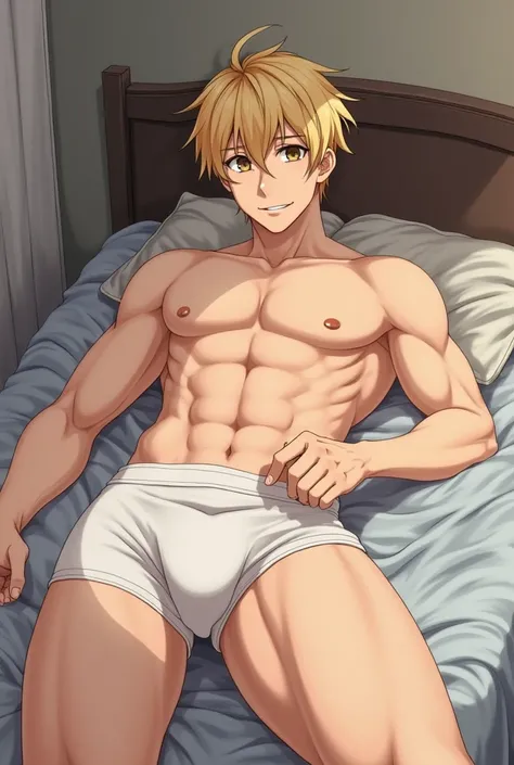  anime style,  short haired man , blonde,  brown eyes,  lying on the bed, In a room,  wearing only tight white underwear, marking your cock 