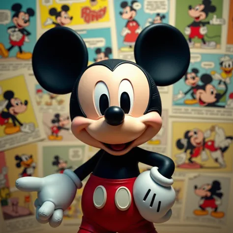 32k Ultra HD, very sharp, personagem Mickey mouse, In the background his old comics