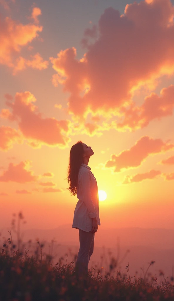 "A person gazing at the sky during sunset with a calm and contemplative expression. Ultra-realistic, golden hour lighting, and serene atmosphere."