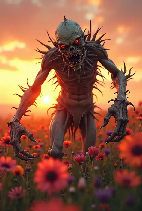 'Create an image of a horrible woman in a flower field, with sunset lighting ,  ultra-realistic, 8k.'"