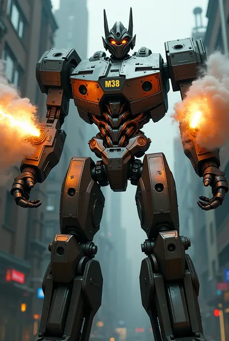 A transformer like robot who has M38 engraved on his chest. He is blasting cigarettes from his hands 