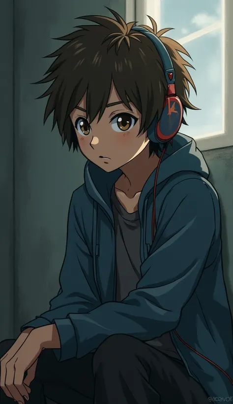 Taichi Yagami from Digimon listening to music with a melancholic expression 