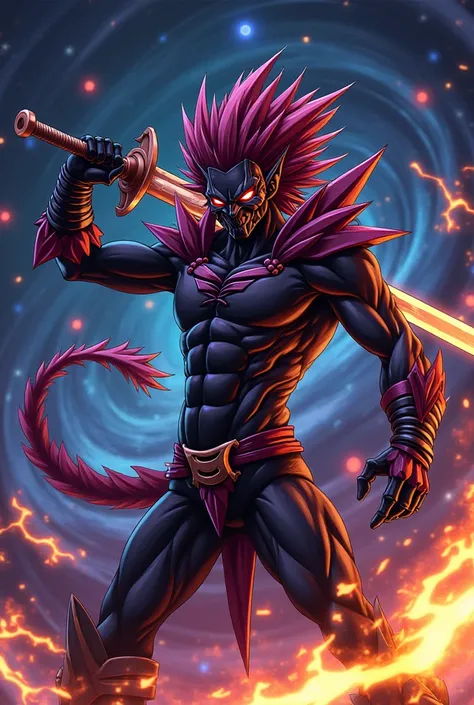 Yu gi oh Krieger  monster  mit Schwert, thin, Utopia, mask ,  black and red , cartoon style, Anime style, Fire,  galaxy background , Pointed hair , cool, muscles,  monster 