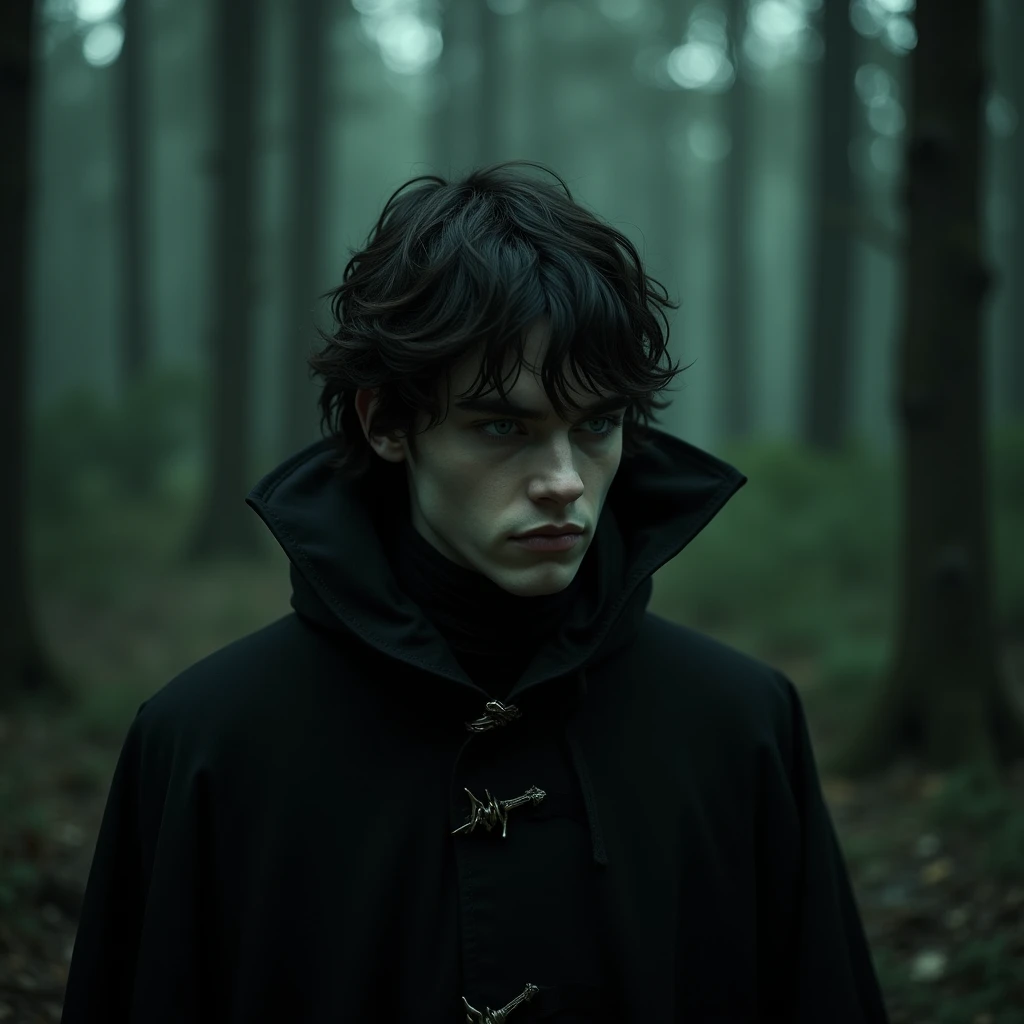  a dark forest , Cold, chovendo e um jovem rapaz adulto de cabelo loiro e bagunçado e olhos verdes com olhar Cold, Distanter and melancholic in vampire clothes with a less effeminate face, More by Gesroto