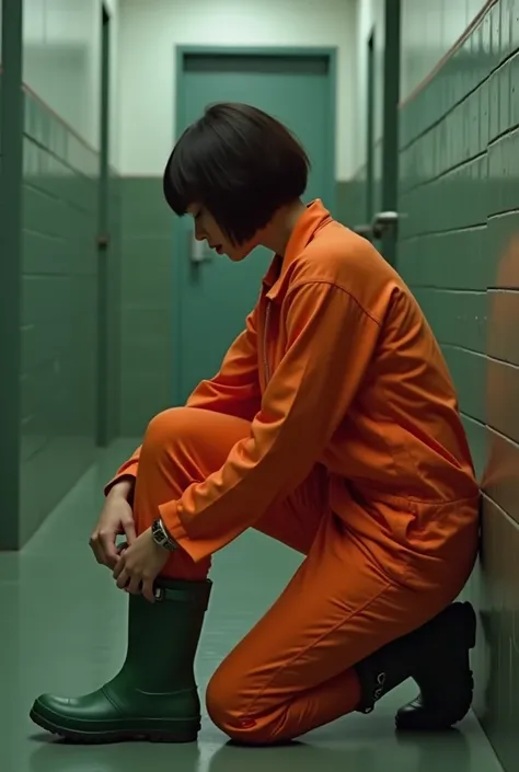 A 30 YO french girl in with short hair and fringe haircut, on her knees. She's smelling the crotch of a nacked female prisoner She's wearing a zipped orange prison jumpsuit and green Hunter rubber boots.. Fullbody veiw