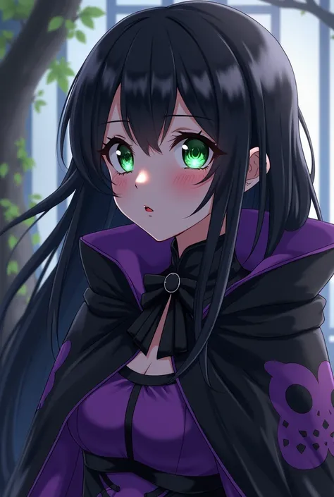  anime style. VERY BEAUTIFUL AND VERY BEAUTIFUL-LOOKING YOUNG WOMAN WITH VERY LONG BLACK HAIR HAS GREEN EYES AND IS CRYING BLACK TEARS. SHE WEARS A BLACK AND PURPLE DRESS AND A BLACK AND PURPLE CAPE WITH OWL DESIGN