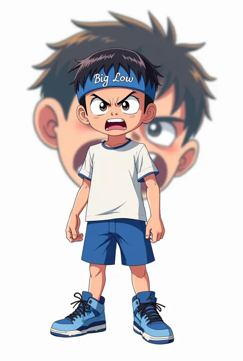  boy with straight hair and blue shorts and white shirt with a blue band on his head that says Big Low and Jordan 4 blue shoes modern anime style and white background with an angry face on the back 