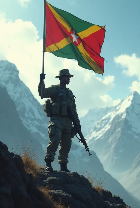 An image of a Congolese soldier from the Democratic Republic of Congo in a mountain raising the flag 