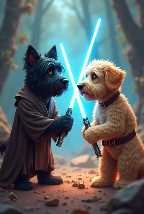 Arlo the black Scottish terrier French bulldog with long hair and floppy ears and molly the golden doodle as Jedi 