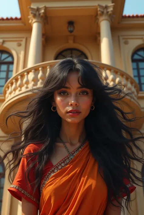 A crazy Punjabi girl standing in front of the balcony of a luxury house with hair scattered over her shoulders is waiting in the eyes