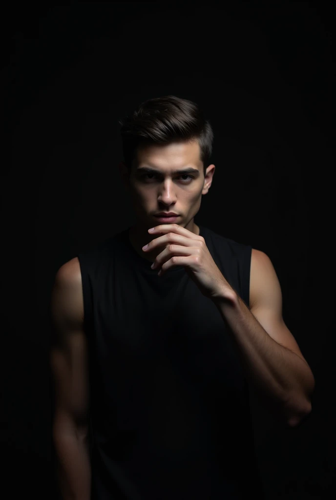 A fine young European guy wearing only a black sleeveless shirt. He has short, black hair. Behind him is a black background. He is facing the camera. He is putting two of his fingers on his lip.