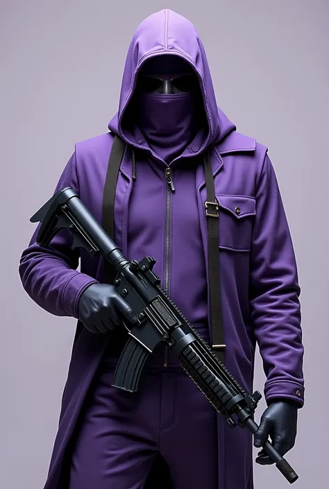 A hero dressed in a suit that covers his whole body, the suit is sturdy and purple, his hood covers his entire face, it is light purple, he carries an advanced and imposing military rifle in his right hand, he is rather mysterious, but his mask is stylish....