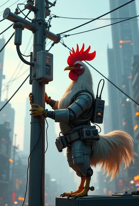 Futuristic hen doing electrical work on a pole