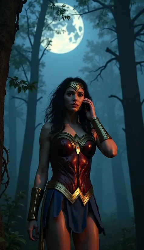 Wonderwoman scared with fear talking on a cell phone in a dark forest at night with a full moon,  ultra real and professional images