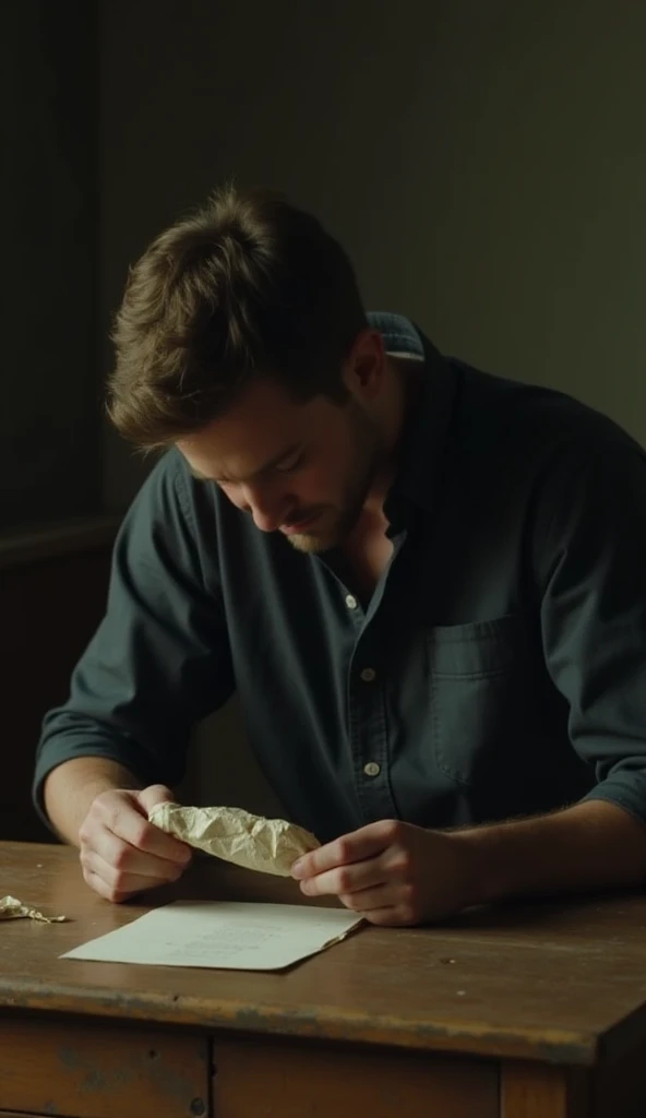 Ethan is sitting at an old wooden desk, holding the crumpled note tightly in both hands. He is leaning forward, with his head slightly tilted to one side, deep in thought. The camera angle is from slightly above.