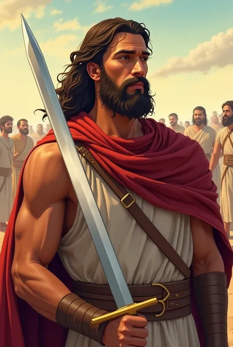 Create in 4 images the story of Eleazar the soldier of King David , With brown skin and a beard that covers his neck who had the sword stuck in his hand during the battle and defeated the Felisteus, The images are illustrations for a poster . Faça em carto...