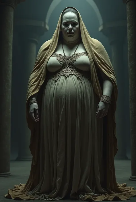 Make a fat woman wearing an ancient Roman robe with a face similar to that of a macabre porcelain doll at night
