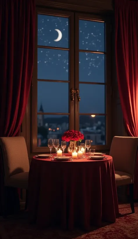 Here’s a detailed prompt for creating a romantic environment in a dark theme:

"Create a romantic, intimate scene with a dark theme. The setting is a cozy candlelit room with soft, warm lighting. The atmosphere is moody and elegant, with deep shades of nav...