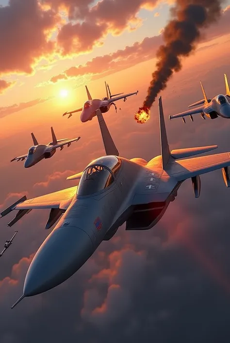  Realistic illustration of a Russian Su-57 fighter destroying three American F-35s in a sunset sky.  The Su-57 is in the foreground ,  x} firing its cannon with bursts of light and launching missiles .  Three F-35s are being destroyed : one exploding in fl...