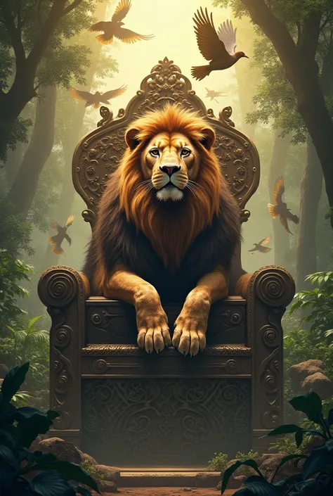 Create a lion sitting on a throne with flying birds and one in a jungle setting