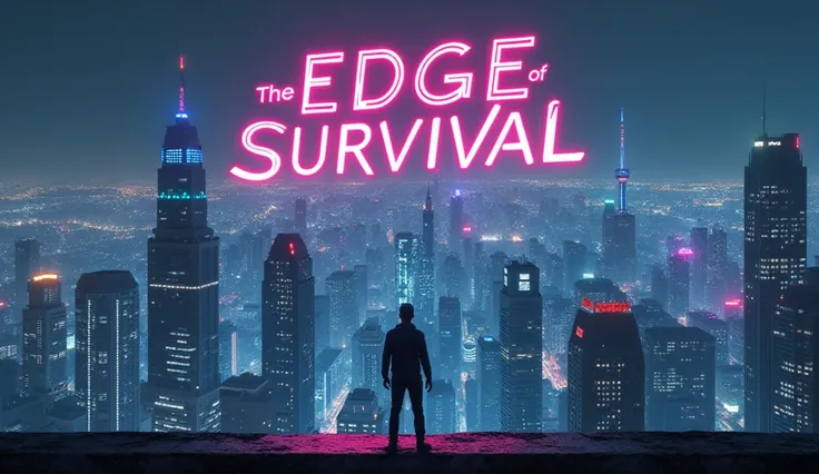 A futuristic cityscape at night, with glowing holograms, towering skyscrapers, and a mysterious figure standing on the edge of a platform overlooking the vast urban expanse. The text "The Edge of Survival" glows in bright neon colors.